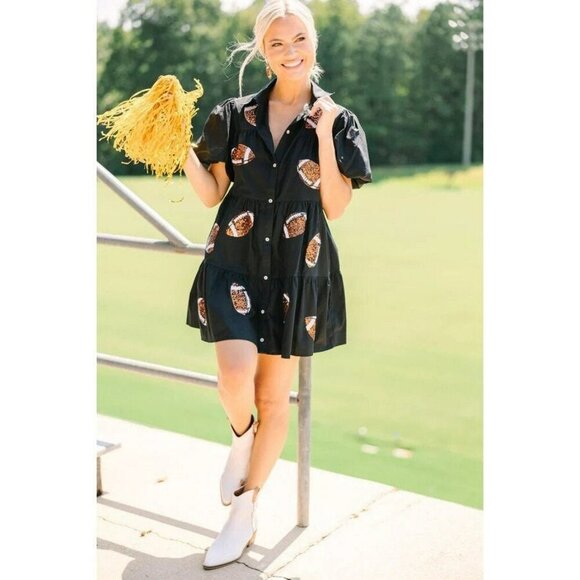 Touchdown Queen Gameday Poplin Button Down Football Dress in Black - Picture 2 of 9